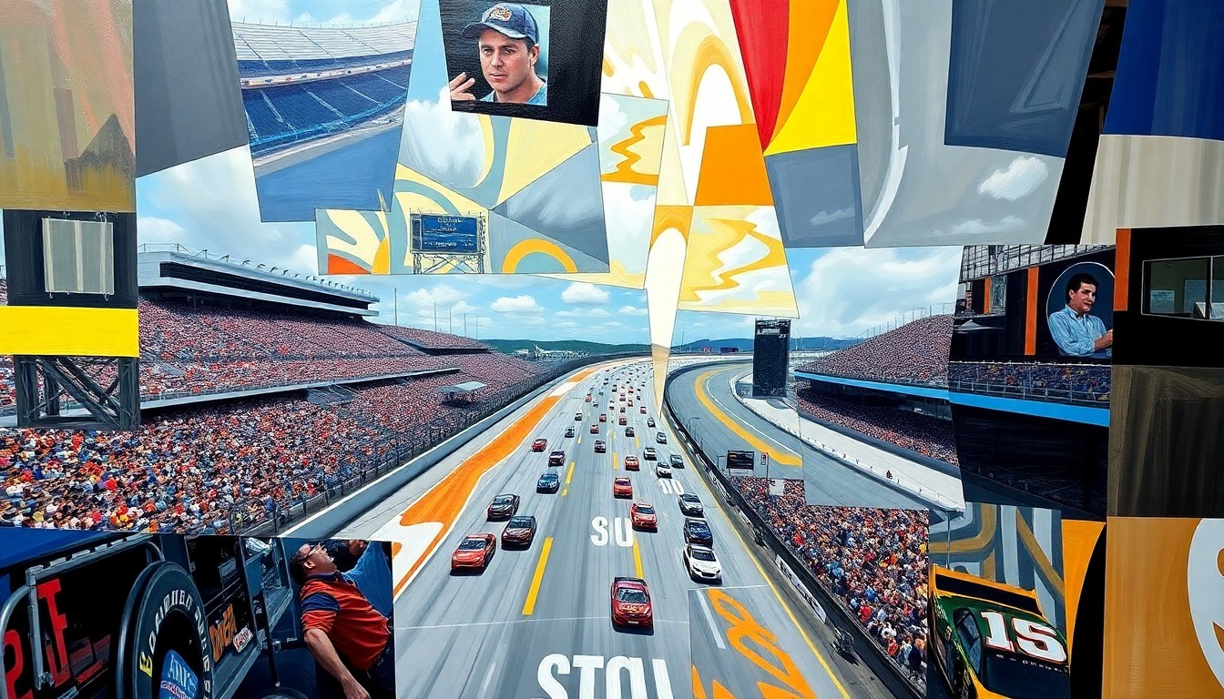 A cubist, geometric painting depicting a NASCAR race at Bristol Motor Speedway, with the cars and track broken down into sharp, overlapping planes of color and shape, capturing the dynamic energy of the event.