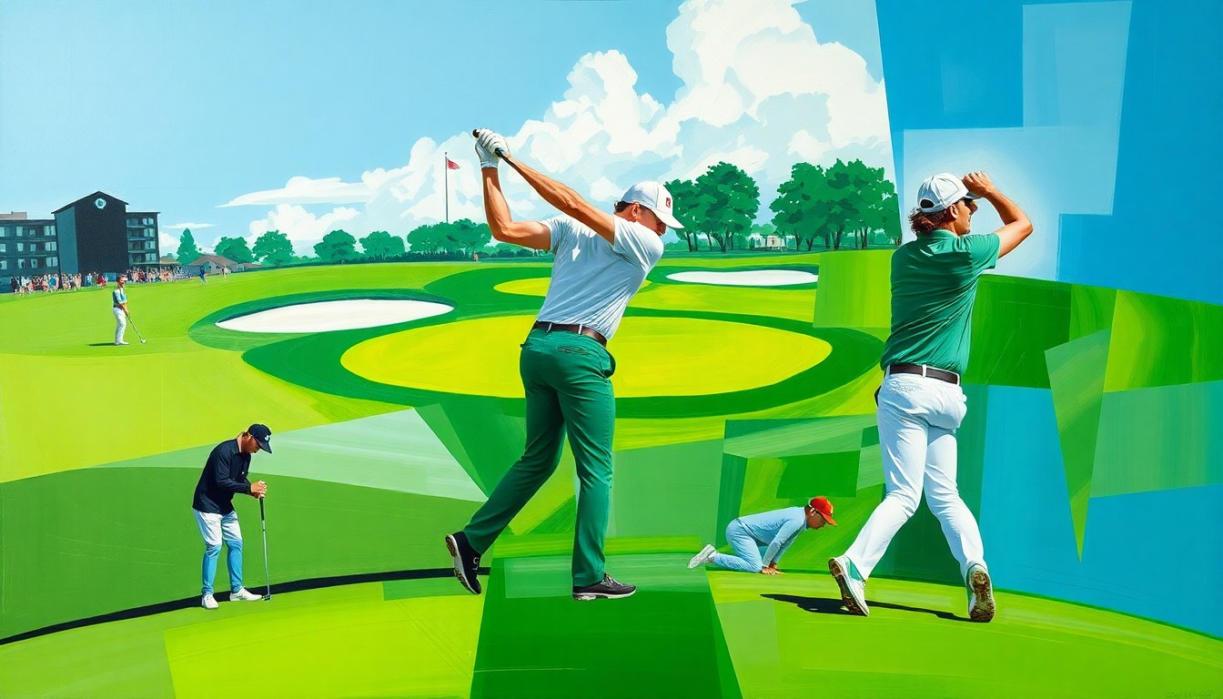 A cubist, geometric painting depicting the fractured movements of a golfer's swing, with sharp planes of green, white, and blue representing the undulating terrain of Augusta National.