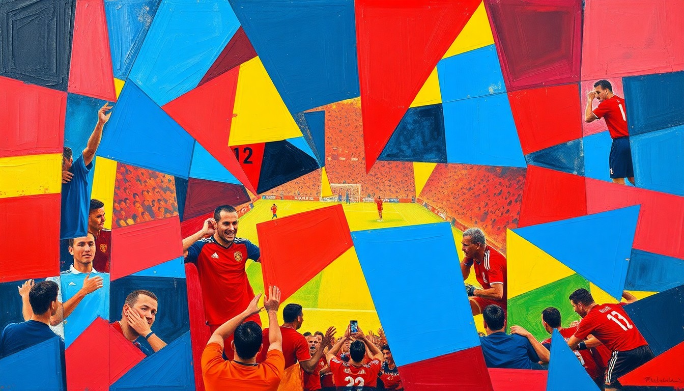 A cubist, geometric painting depicting a fragmented soccer match or World Cup celebration, with overlapping planes of bright red, blue, and yellow shapes.