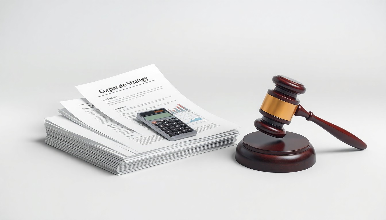 A photorealistic studio still life featuring a stack of financial documents, a calculator, and a gavel floating on a clean, monochromatic background, conceptually representing the abstract ideas of corporate finance and regulatory oversight.
