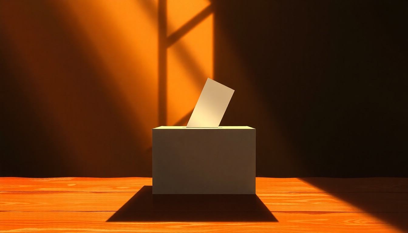 A close-up painting of a simple wooden ballot box sitting on a table, with the box's surface reflecting warm, golden light and deep shadows, conveying a sense of quiet contemplation around the electoral process.