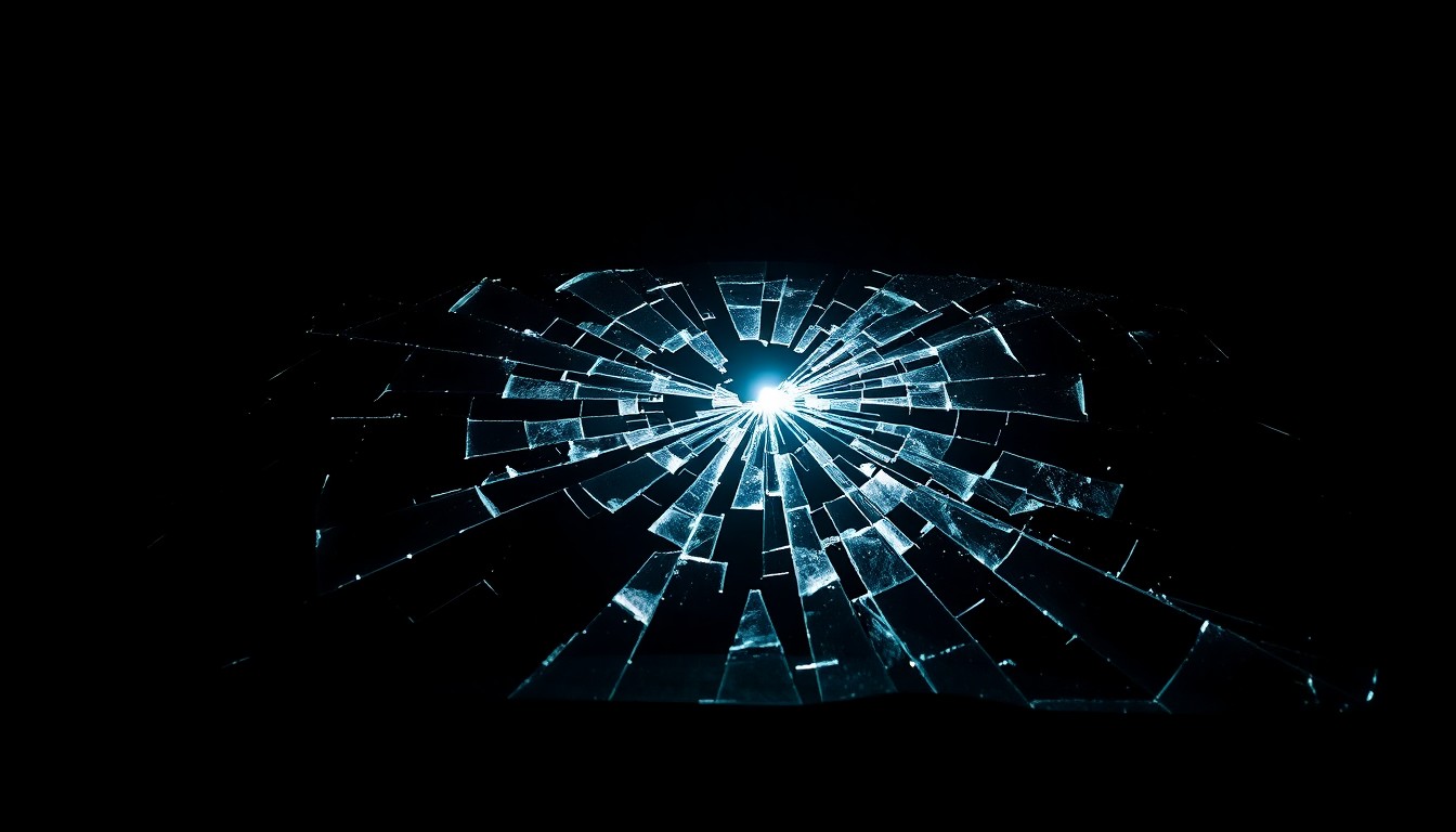 An extreme close-up photograph of a cracked and shattered car windshield, lit by a harsh, direct camera flash against a pitch-black background, conceptually representing the violence and destruction of the crime.