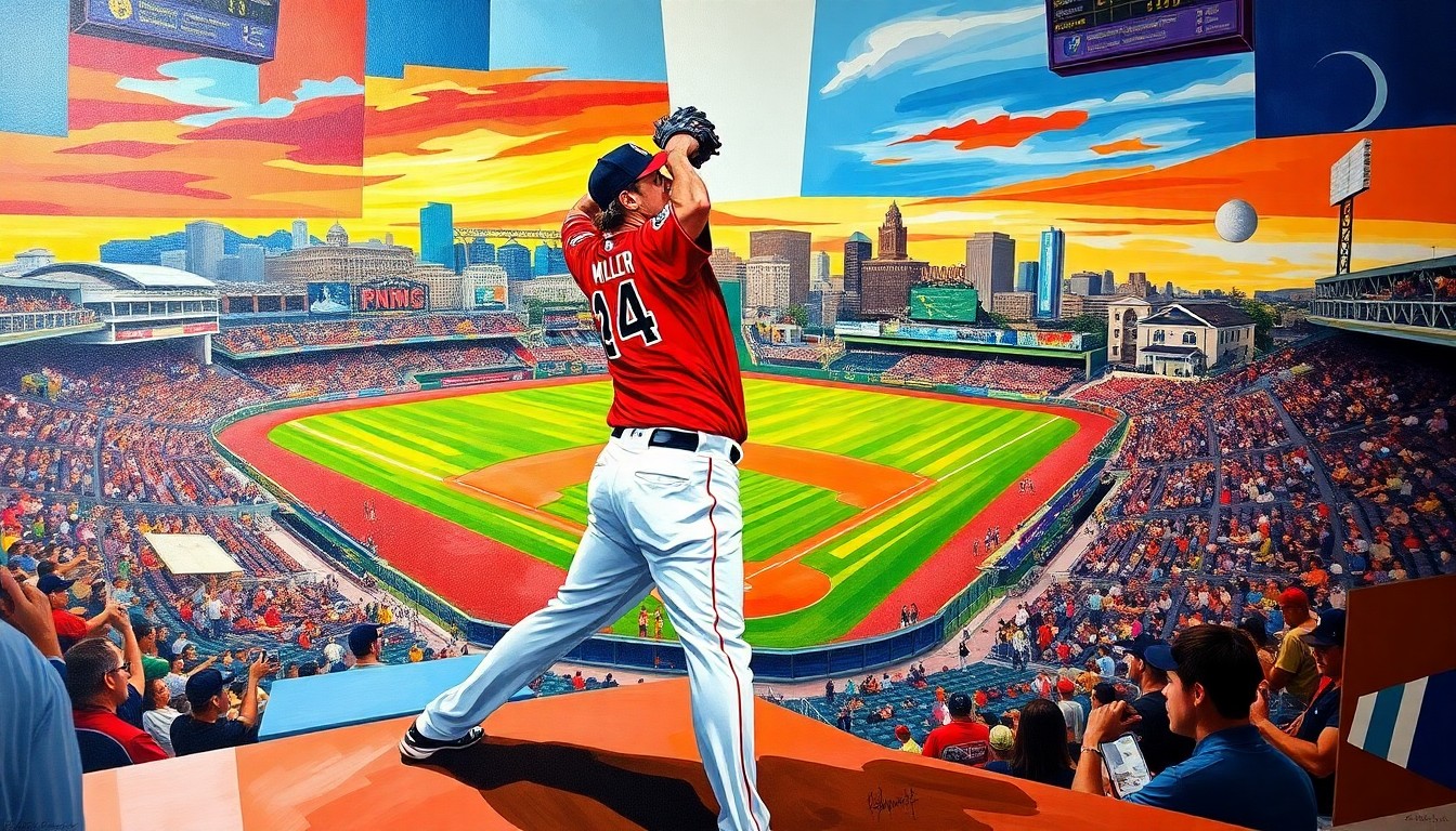 A cubist-style painting depicting a pitcher's motion broken down into sharp, overlapping geometric shapes, with the Pittsburgh skyline and baseball diamond visible in the background, conveying the dynamic energy of the moment.