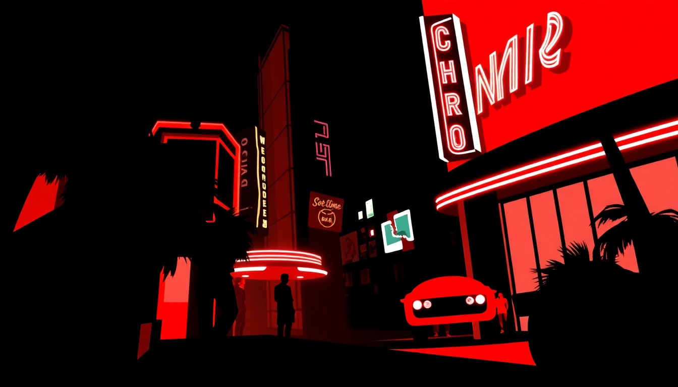 An abstract, minimalist illustration in the style of Saul Bass, featuring sharp, jagged geometric shapes in high-contrast red and black, conceptually representing the gritty, neon-lit underworld of Miami.