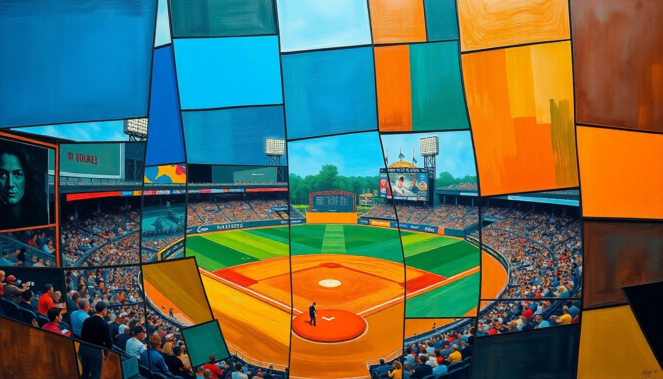 A cubist-style painting depicting a baseball game in motion, with the players and field broken down into overlapping geometric shapes and planes in vibrant colors.