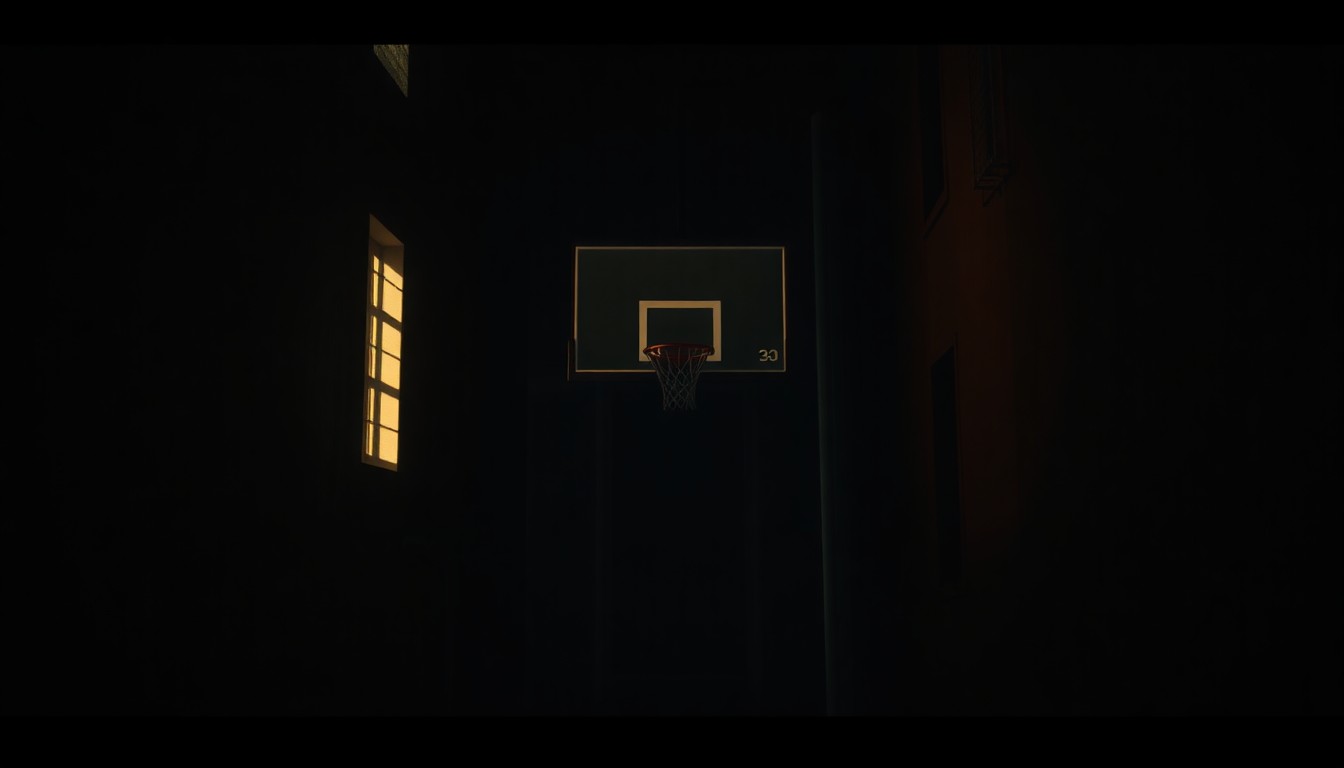 A cinematic painting of a solitary basketball hoop and backboard in a dimly lit urban alleyway, with warm, diagonal sunlight and deep shadows, conceptually representing the personal and professional challenges faced by former NBA player John Stockton in his legal battle over COVID-19 speech restrictions.