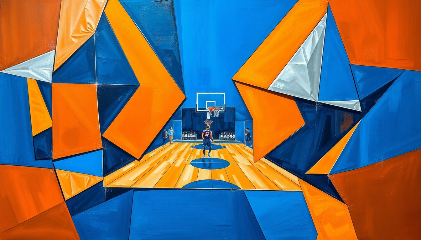 A cubist, geometric painting depicting a fragmented WNBA basketball game, with sharp planes of blue, orange, and silver overlapping to create a dynamic, multi-perspective scene.