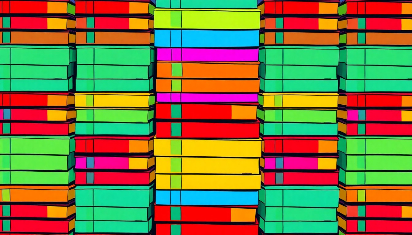 A bold, colorful silkscreen-style illustration featuring a repeating pattern of stacked school textbooks in vibrant neon shades, conceptually representing the budget challenges facing the Lancaster School District.