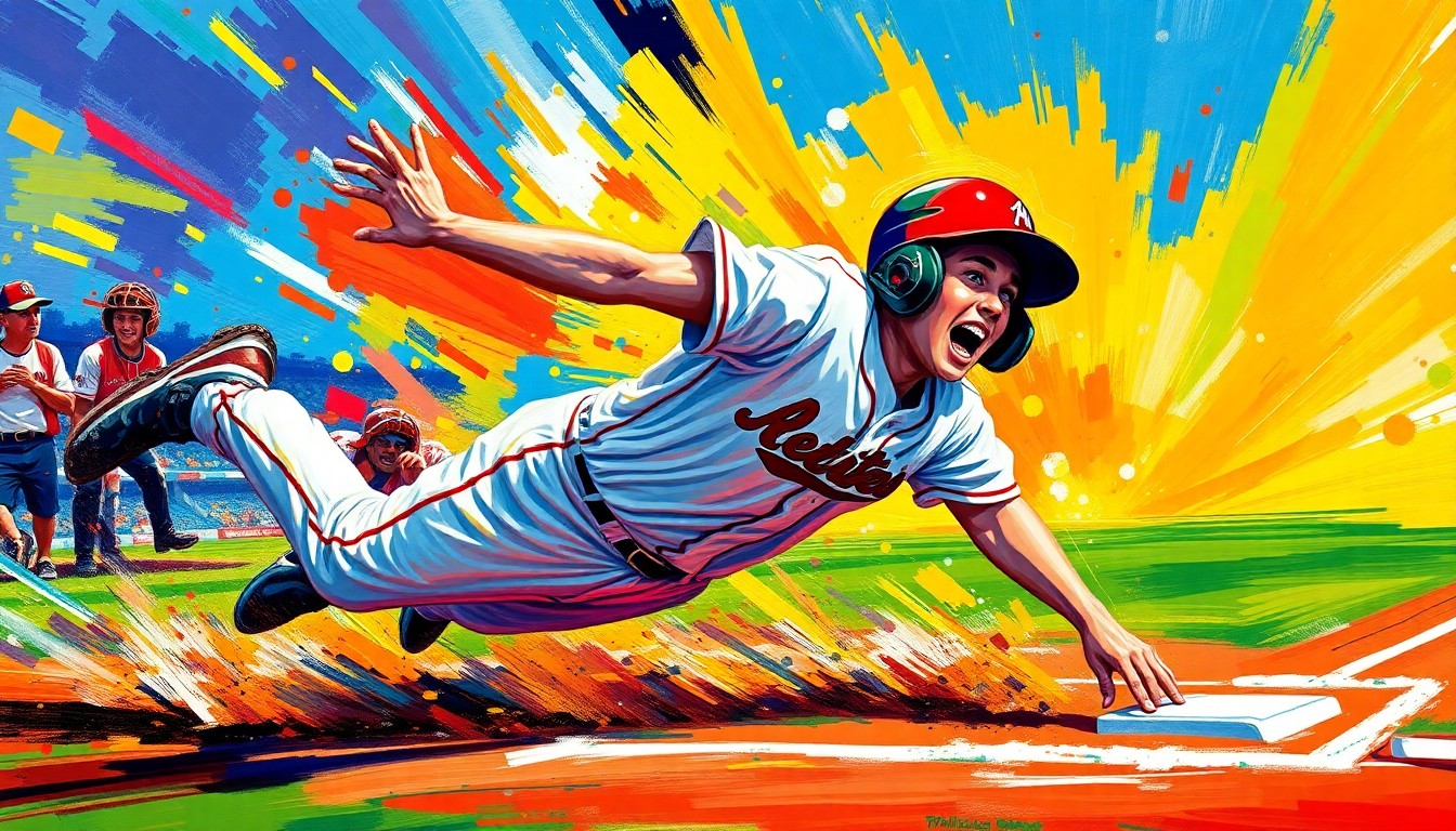 An abstract expressionist painting in vibrant neon colors, with thick, energetic brushstrokes depicting the dynamic motion of a baseball player sliding into home plate, conveying the excitement and potential of the Pirates' new young star.