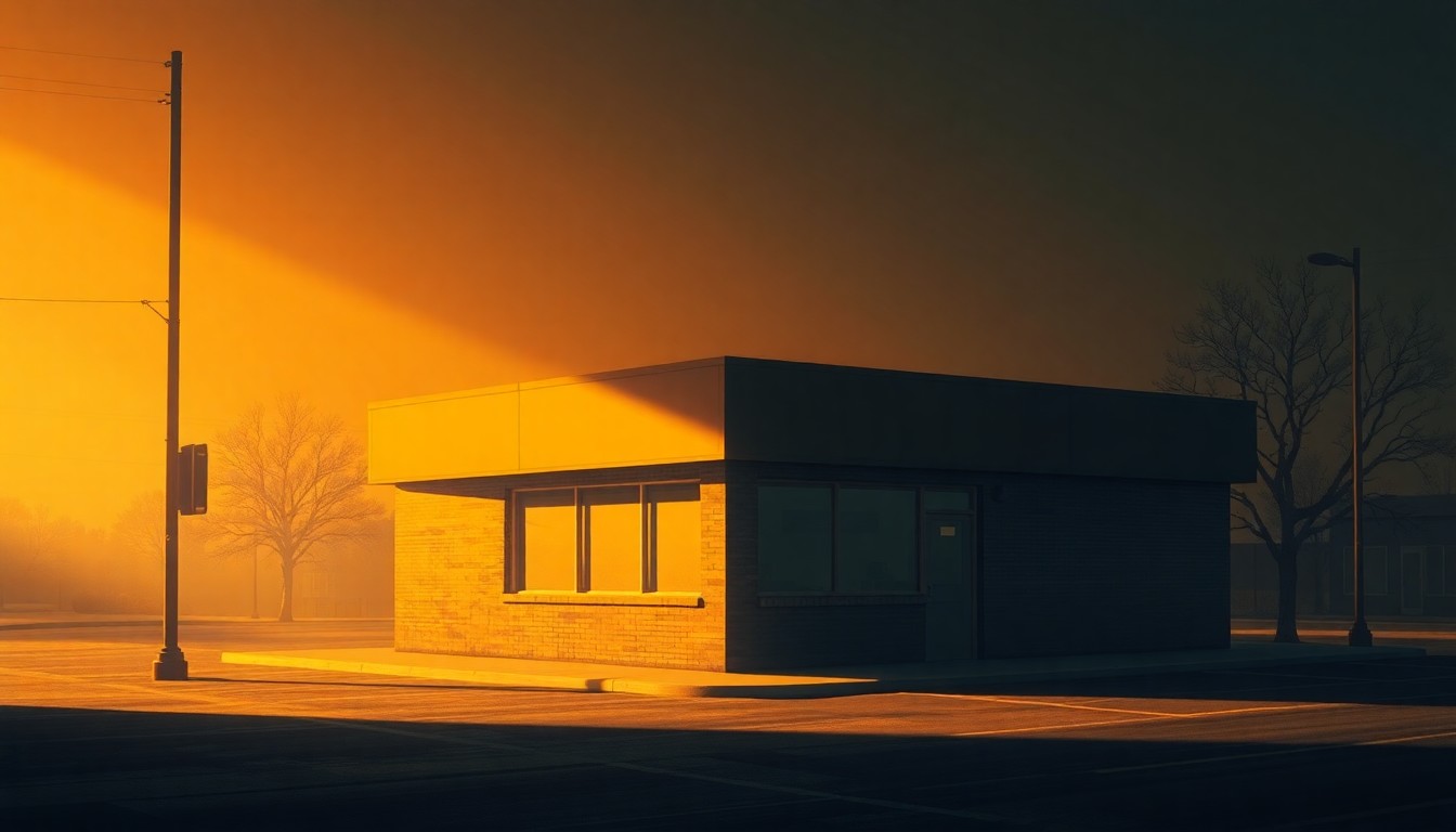 A warm, cinematic painting of a government office building with a solitary figure visible through a window, bathed in soft, diagonal sunlight and deep shadows, conceptually representing the quiet, collaborative leadership of the Calhoun County Revenue Commissioner.