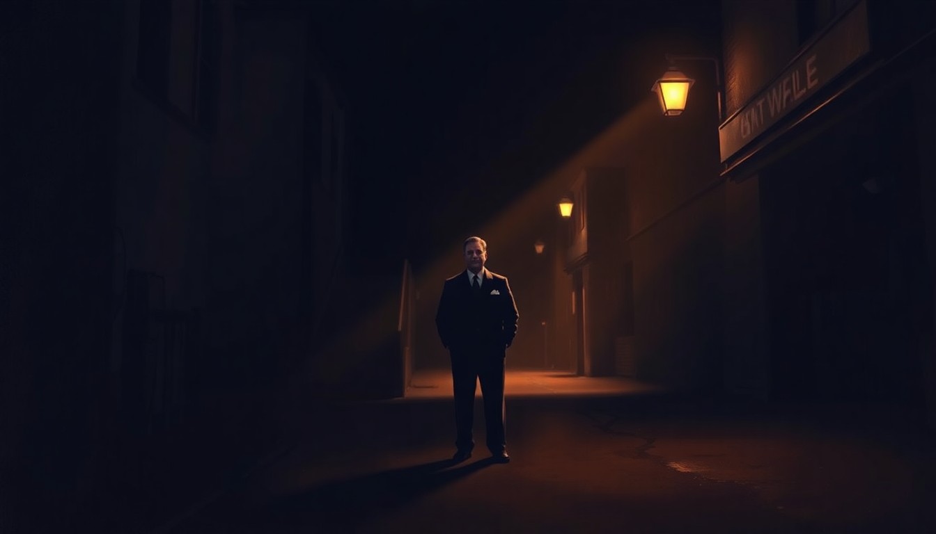 A solitary figure, likely a politician, stands alone in a dimly lit urban setting, bathed in warm, diagonal sunlight and deep shadows, evoking a sense of isolation and uncertainty in the nation's political climate.