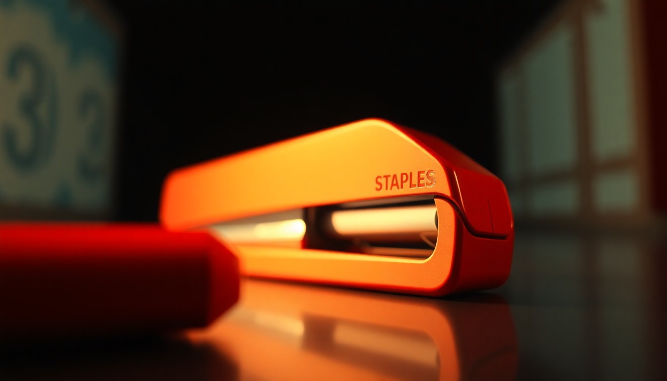 An extreme close-up of a Staples office supply product, such as a stapler or pen, captured in dramatic, high-contrast studio lighting to create a glitzy, high-fashion aesthetic, conceptually representing the vibrant partnership between the brand and the TikTok creator Oblivion.