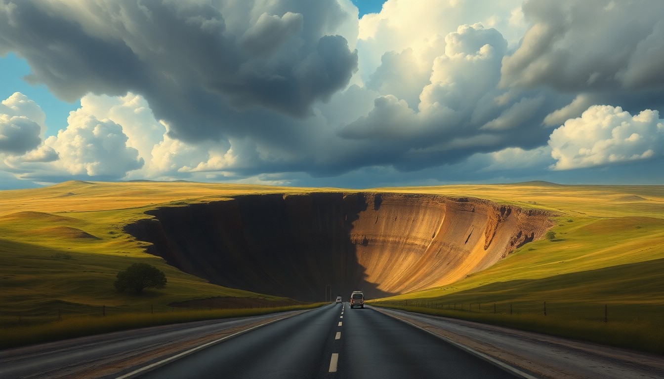 A sweeping landscape painting in muted earth tones, with a massive sinkhole opening up in the middle of a rural road, surrounded by rolling hills and a dramatic, cloudy sky. The sinkhole dominates the scene, dwarfing any physical structures or vehicles caught within it.