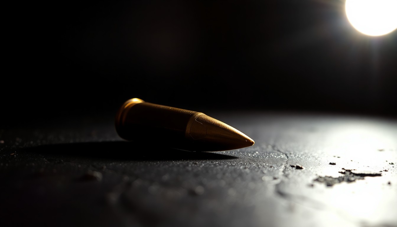 An extreme close-up photograph of a spent bullet casing on a dark surface, lit by a harsh, direct camera flash, conceptually representing the evidence and investigation of a police shooting incident.