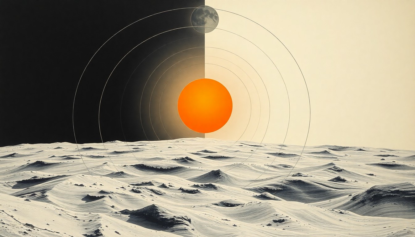 A bold, abstract painting in the style of Hilma af Klint, featuring sweeping geometric arcs, concentric circles, and precise astronomical spirals in soft colors, representing the Artemis II crew's view of a solar eclipse over the lunar surface.