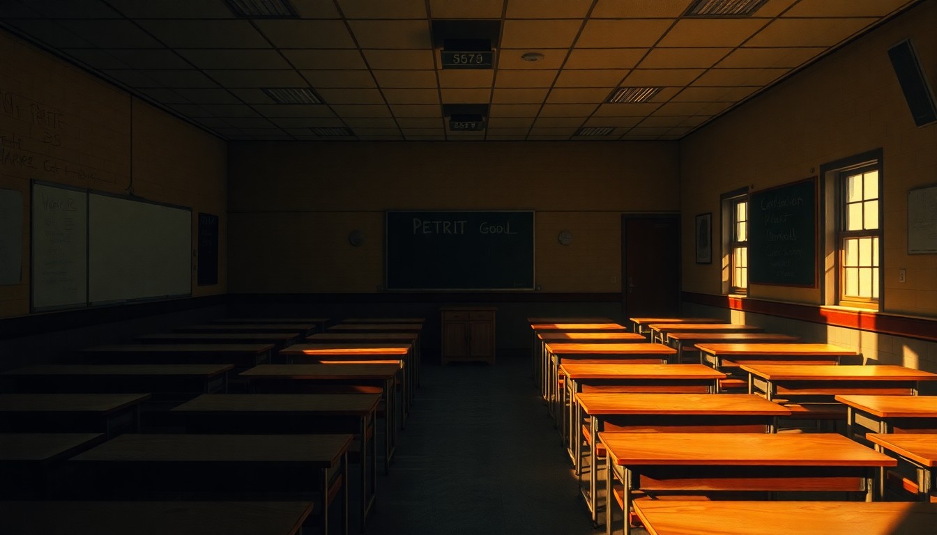 A dimly lit, textured painting of an empty classroom with worn desks and chalkboards, conveying a sense of neglect and disrepair.