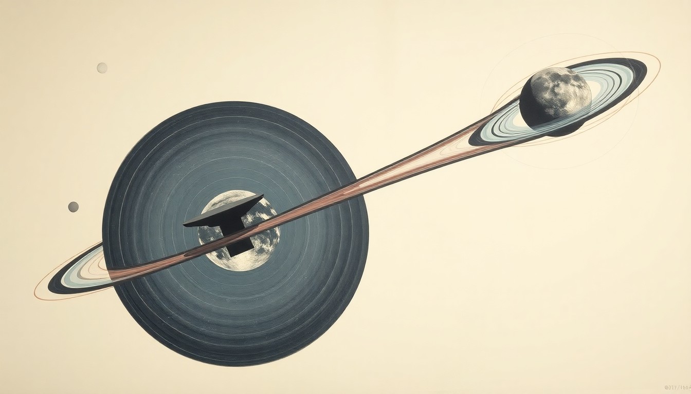 A bold, abstract painting in soft blues, greens, and oranges, featuring sweeping geometric arcs, concentric circles, and precise spiral patterns, conceptually representing the Artemis II spacecraft's journey around the Moon and back to Earth.