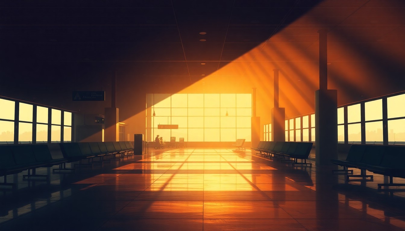 A serene, cinematic painting of an empty airport terminal with warm sunlight streaming through the windows, casting long shadows across the floor and walls, creating a sense of quiet anticipation.