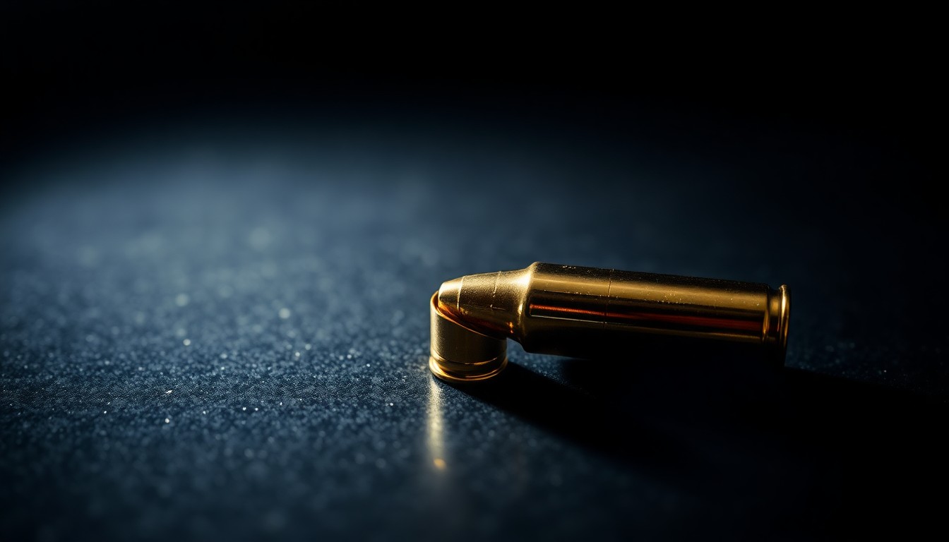 An extreme close-up photograph of a single bullet casing on a dark surface, lit by a harsh, direct camera flash, conceptually representing the evidence and investigation into a violent crime.