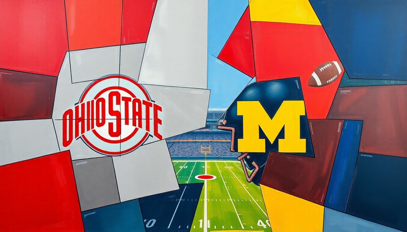 A fragmented, cubist-style painting depicting the action and energy of a college football rivalry game, with sharp geometric shapes and planes in the team colors of Ohio State and Michigan.