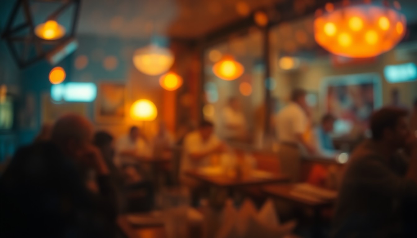 An abstract, out-of-focus scene of people dining at a restaurant, with warm pools of light and color creating a soft, atmospheric mood.