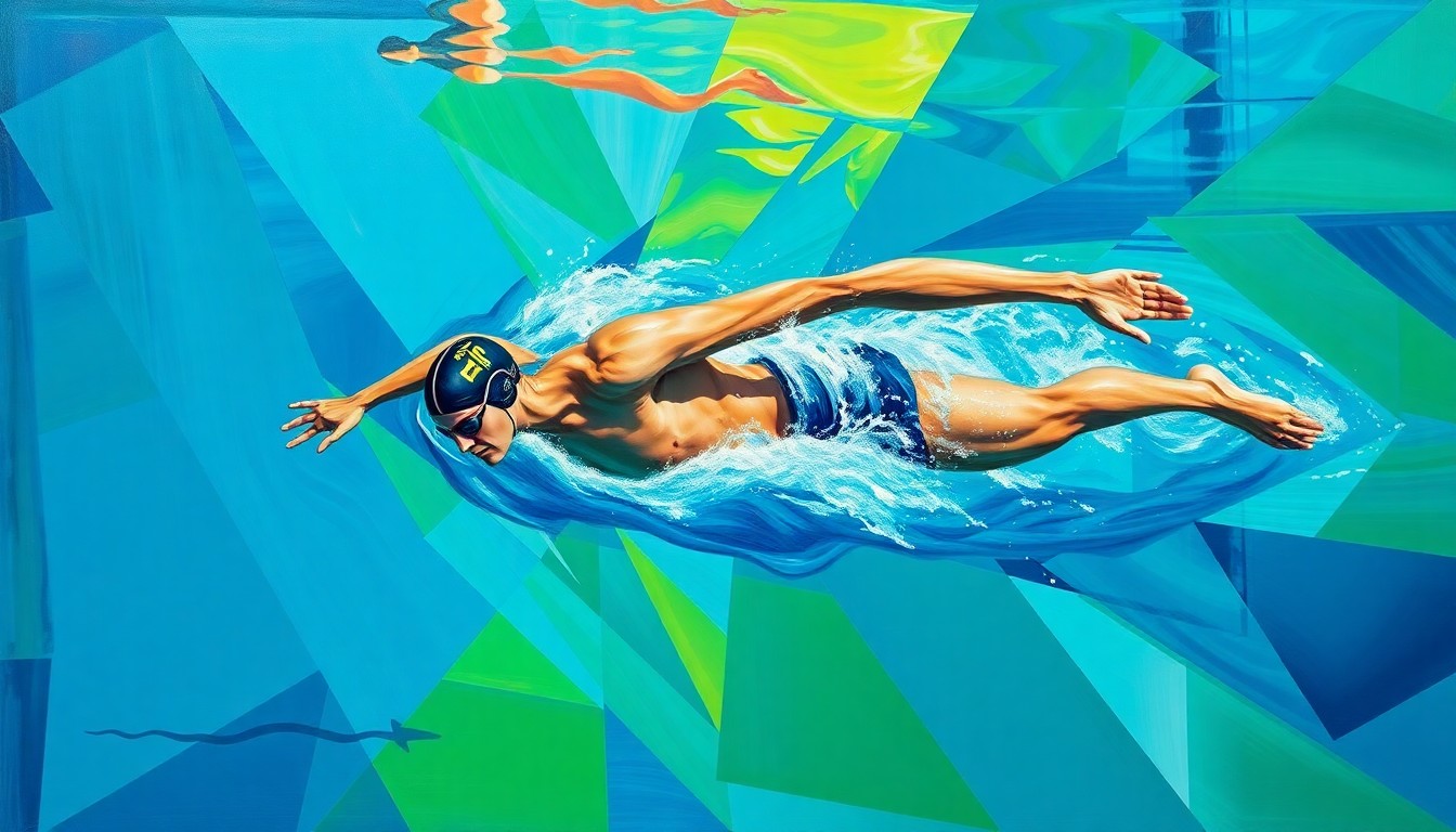 A cubist, geometric painting depicting the fractured, multi-perspective motion of a swimmer, with vibrant blues and greens representing the pool water and the swimmer's form dissolving into abstract shapes.