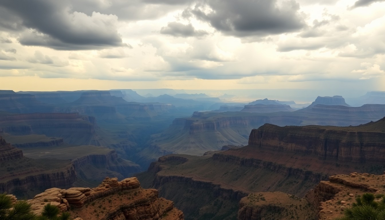 A sweeping, atmospheric landscape painting depicting the vast, rugged grandeur of the Grand Canyon under a moody, overcast sky, with the park's natural formations and vegetation dwarfed by the overwhelming scale of the environment.
