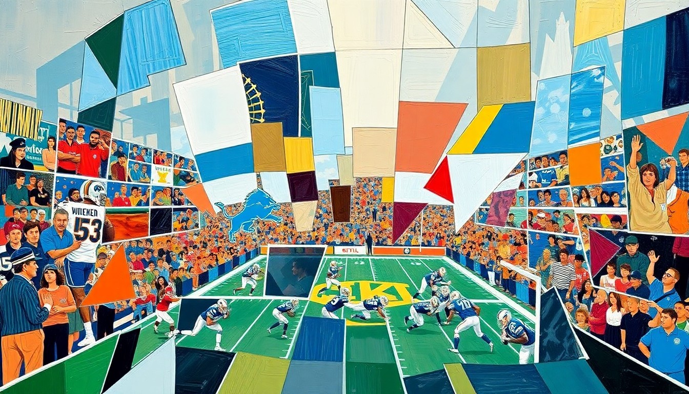A fractured, multi-perspective painting in a cubist style, breaking down a Detroit Lions football game into sharp, overlapping geometric planes in shades of blue, silver, and orange.