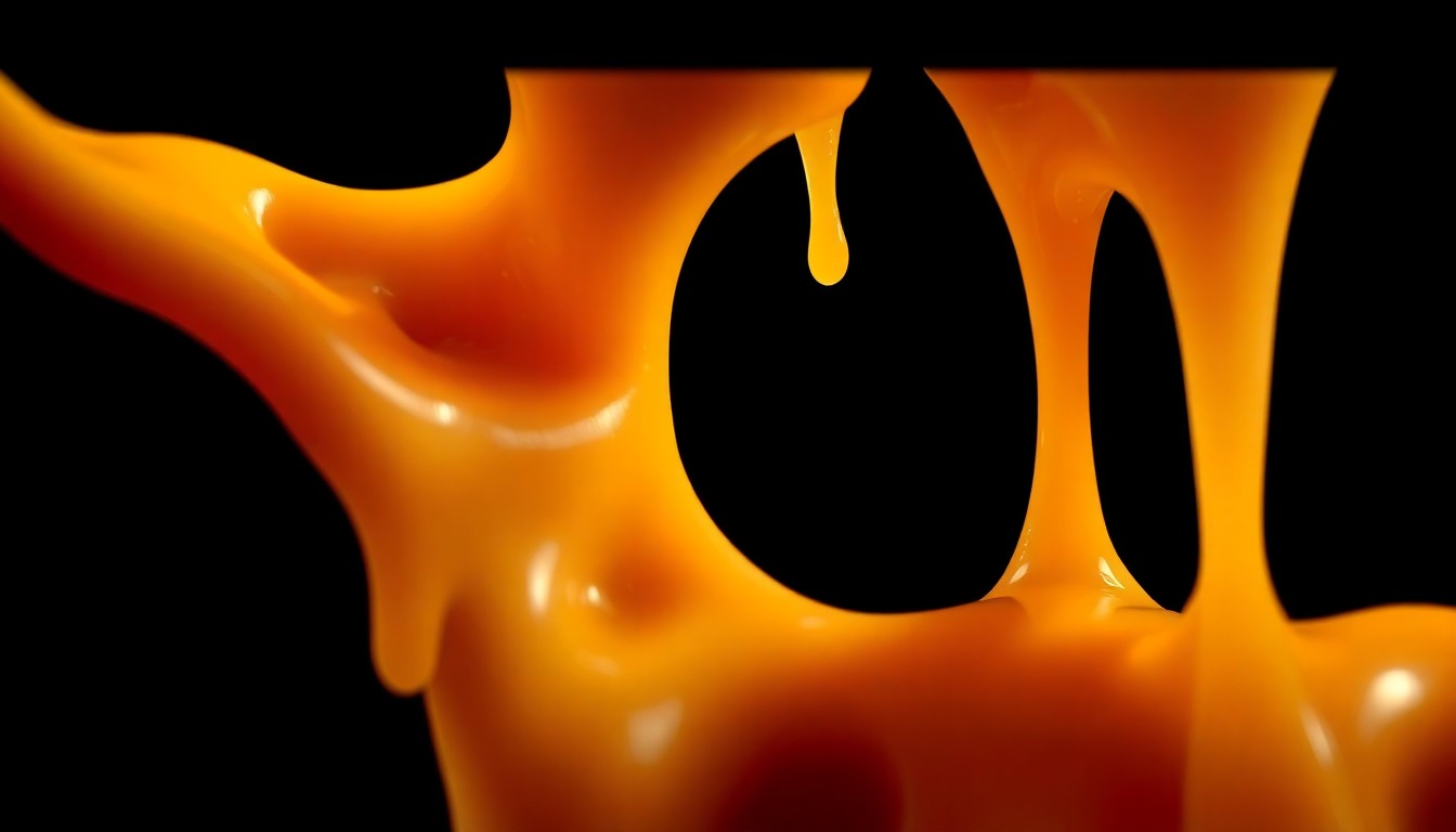 An abstract close-up image of glistening, melted cheese with dramatic lighting, conveying the rich, indulgent textures of the dishes featured in the 'Flavortown Food Fight' episode.