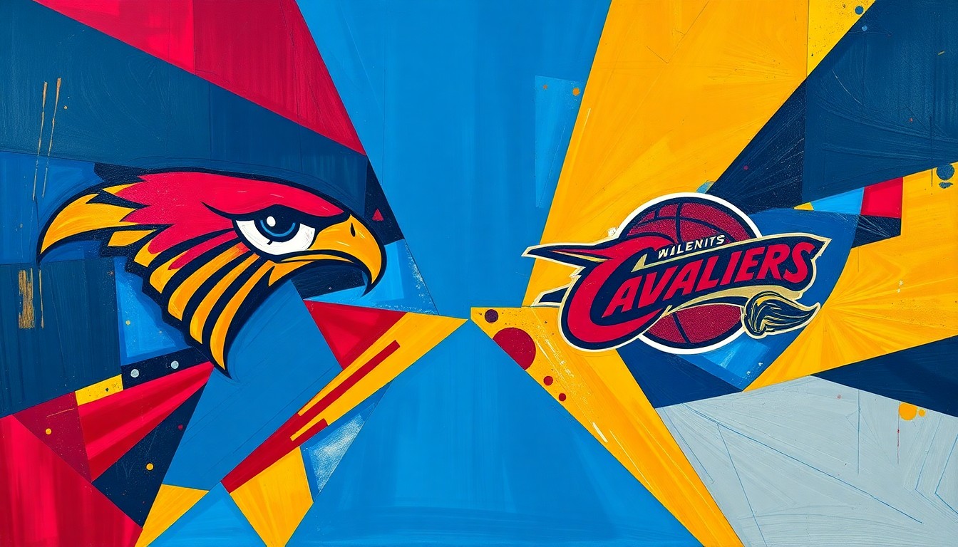 A fractured, multi-angled painting depicting a basketball game, with sharp geometric shapes in navy, red, and gold representing the players and court, conveying the dynamic action of the pivotal Hawks vs Cavaliers matchup.