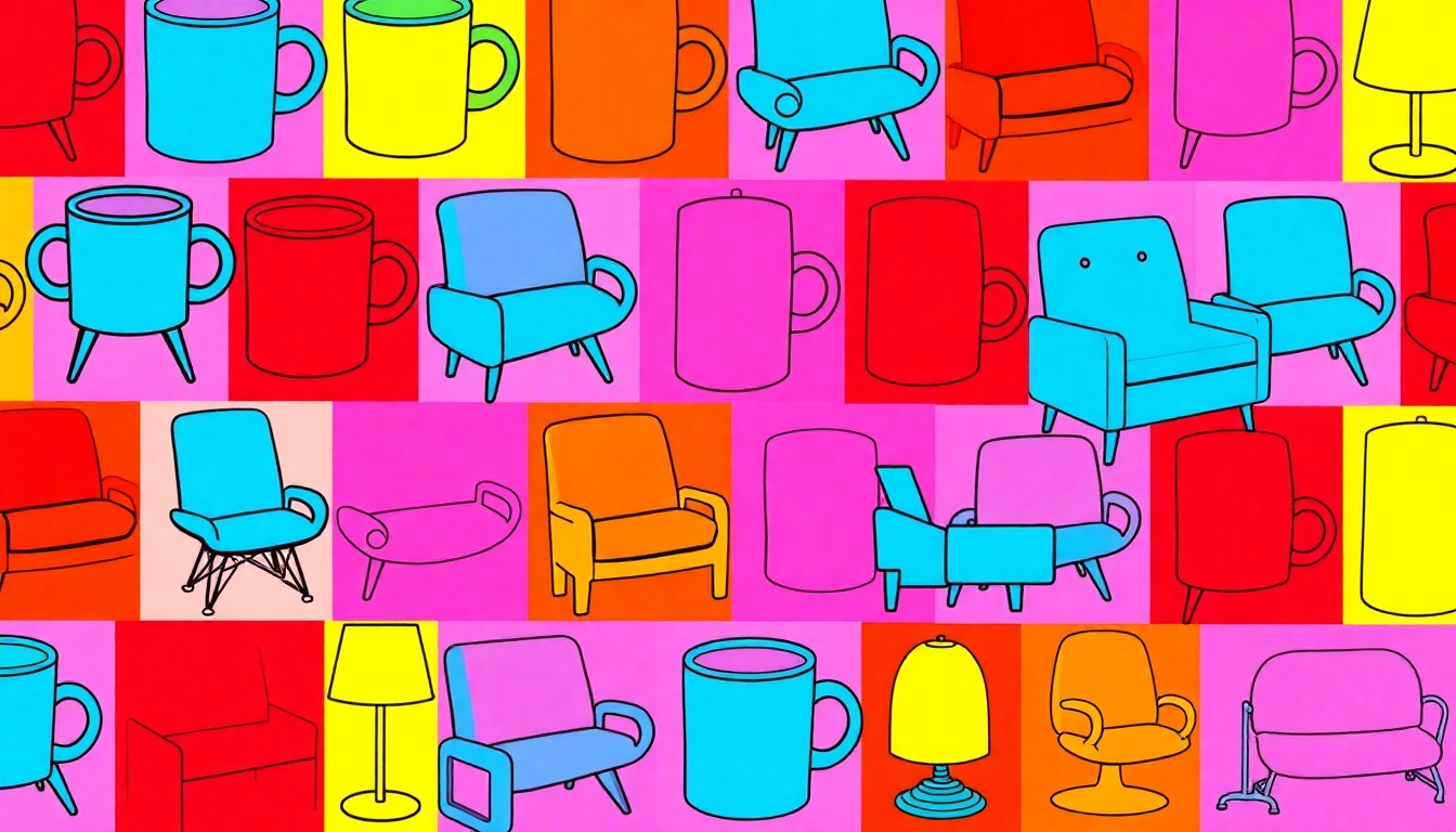 A grid of brightly colored, high-contrast silkscreen prints of various iconic design objects such as a coffee mug, chair, and lamp, conceptually representing the diverse range of designed items that will be showcased and celebrated at the Wine & Design event.