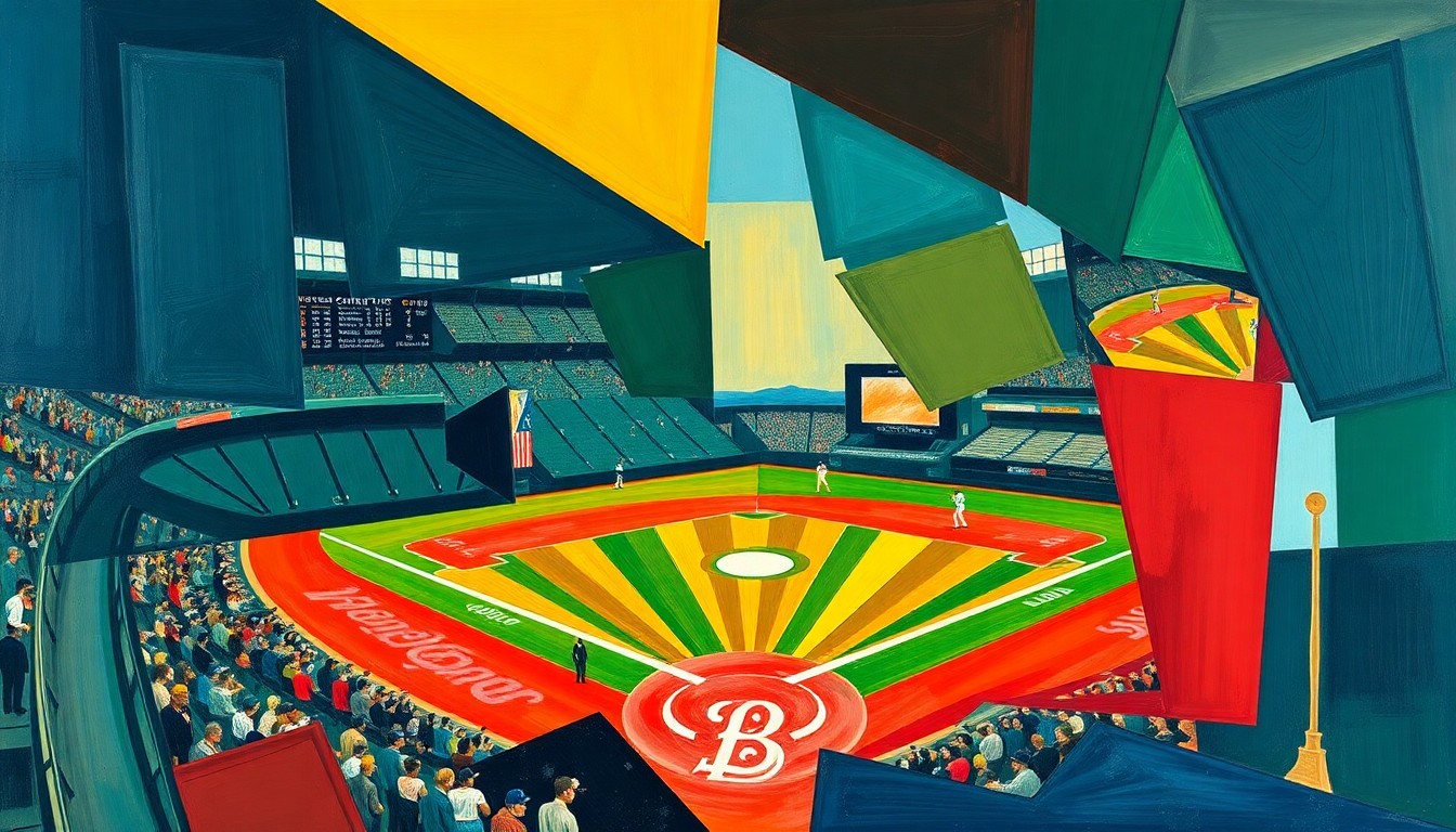 A cubist-style painting depicting a baseball game broken down into sharp, overlapping geometric shapes in navy, green, and red, conveying the intensity and strategy of the Rangers' victory.