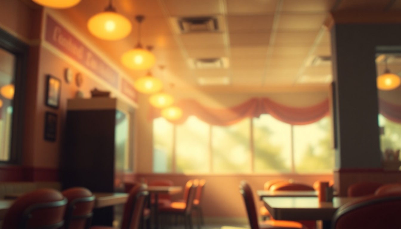 A blurred, impressionistic photograph of a cozy diner interior, with soft lighting and muted colors creating a warm, inviting atmosphere.