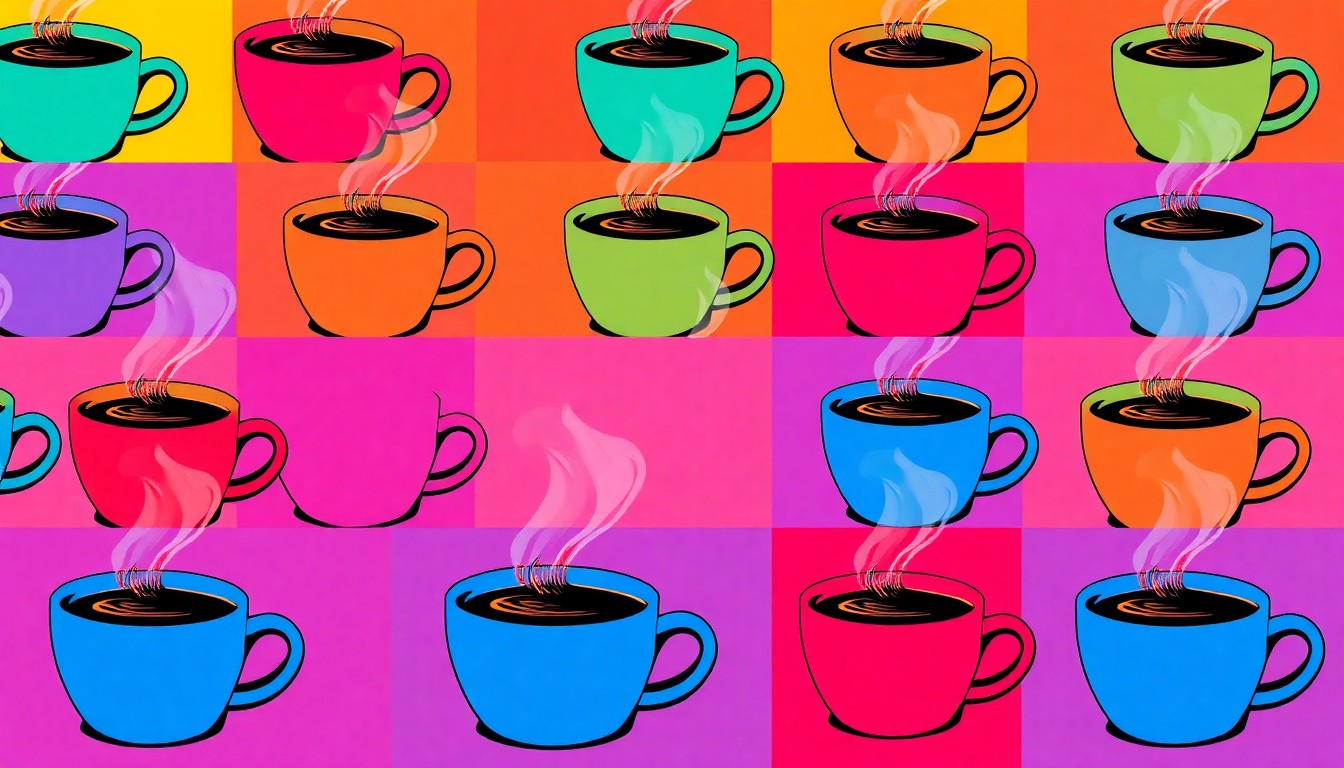 A high-contrast silkscreen print of a steaming coffee cup repeated in a grid, using bright neon colors and bold black outlines to transform the everyday into pop art, conceptually representing the joyful community experience of the Galesburg Coffee Crawl.