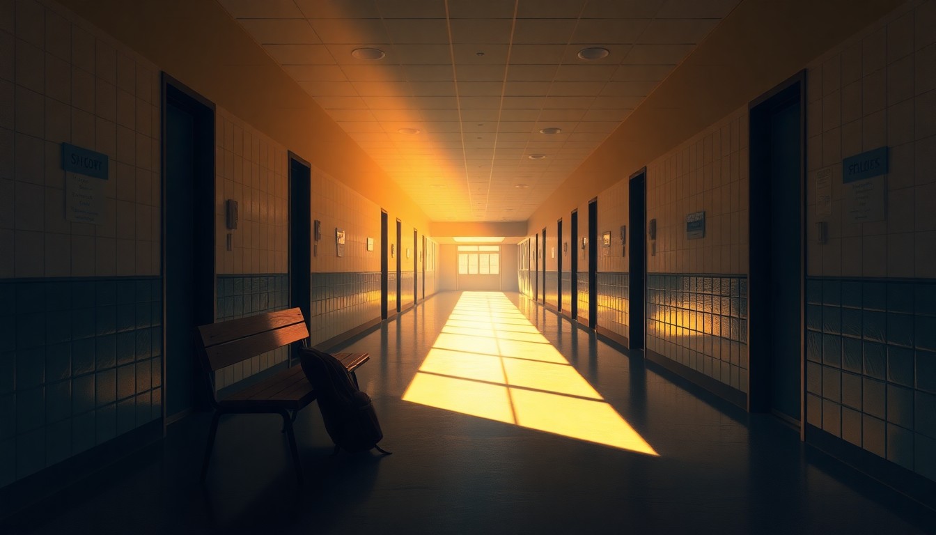 A cinematic painting of an empty school hallway with warm lighting and deep shadows, featuring a lone student's backpack left behind on a bench, conveying a sense of melancholy and uncertainty about the future of public schools.