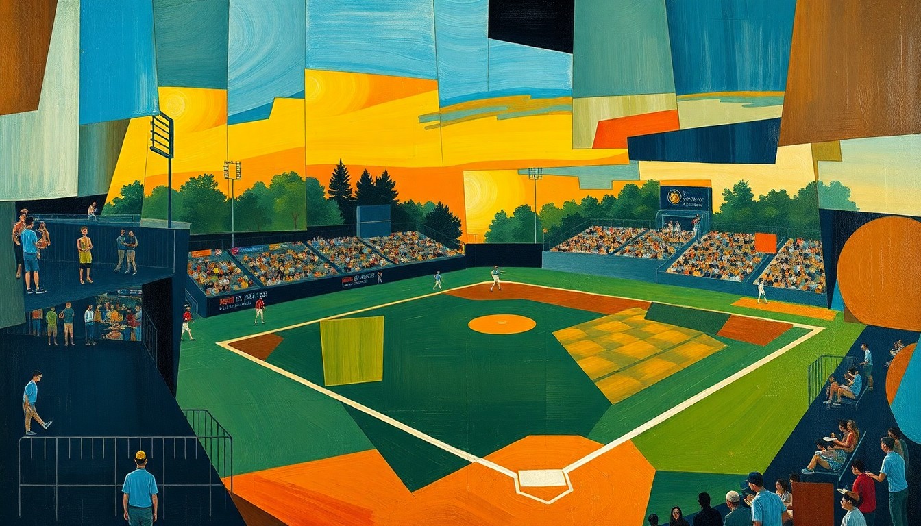 A cubist-style painting depicting a high school baseball game, with the players and field broken down into sharp, overlapping geometric shapes in a palette of deep blues, forest greens, and burnt oranges, capturing the intensity and competitive spirit of the district matchup.