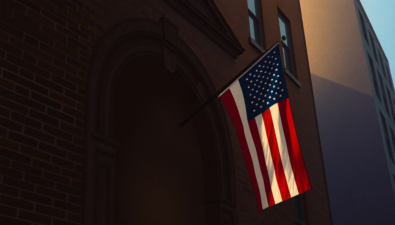 A serene, nostalgic painting of an American flag hanging on an old brick building, the warm sunlight casting deep shadows across the facade, capturing the solemn significance of the National Guard's role in the nation's history.