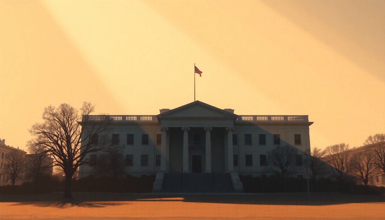A serene, photorealistic painting of a government building in warm, golden light, with deep shadows casting across the facade, conveying a sense of contemplation and high-stakes legal drama.