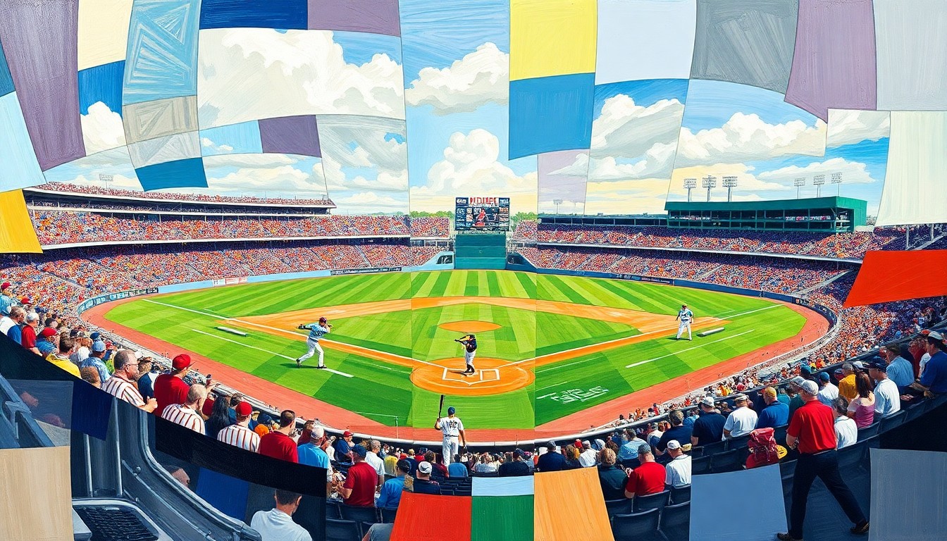 A fragmented, geometric painting depicting the various elements of a college baseball game - players, bats, balls, and the field - in an abstract, cubist style using vibrant colors.