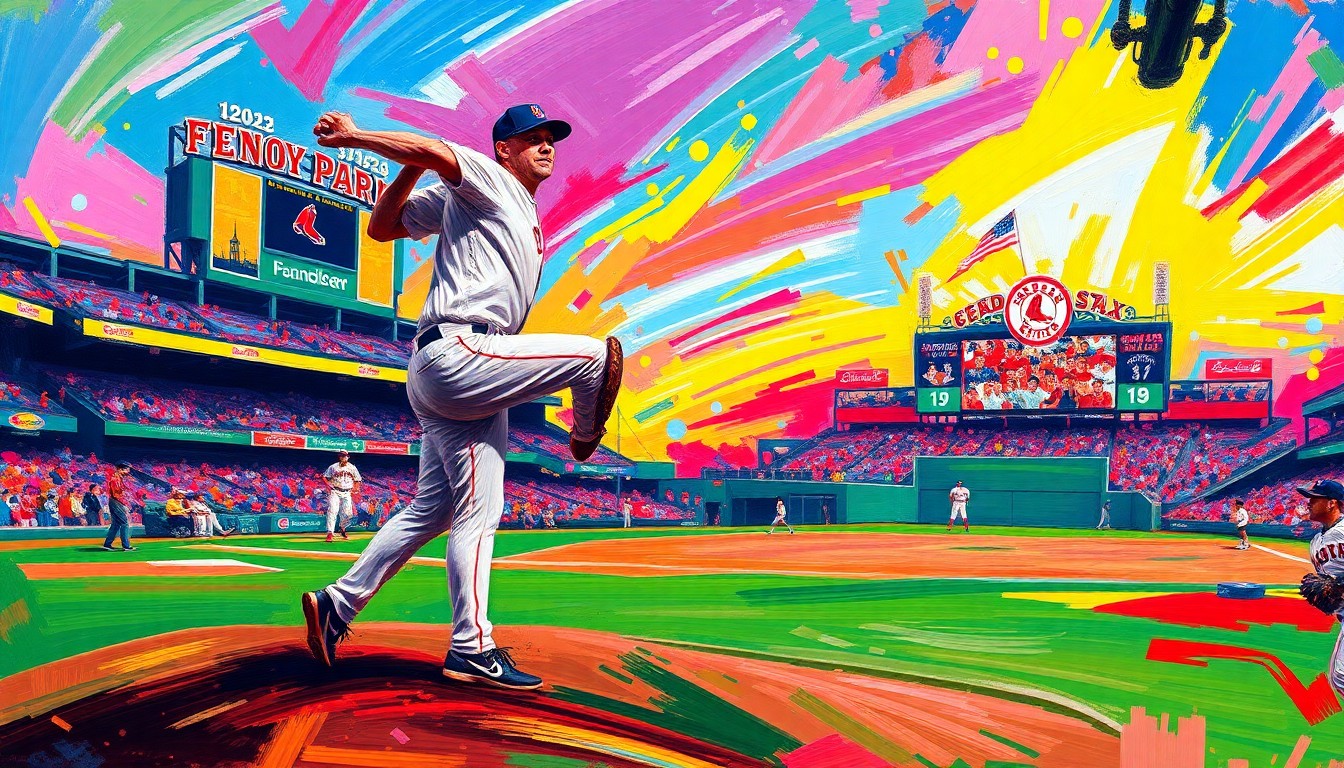 An abstract, energetic painting in neon colors depicting the dynamic motion of a baseball pitcher, with the iconic Green Monster of Fenway Park visible in the background, conveying the excitement and intensity of a young player's major league debut.
