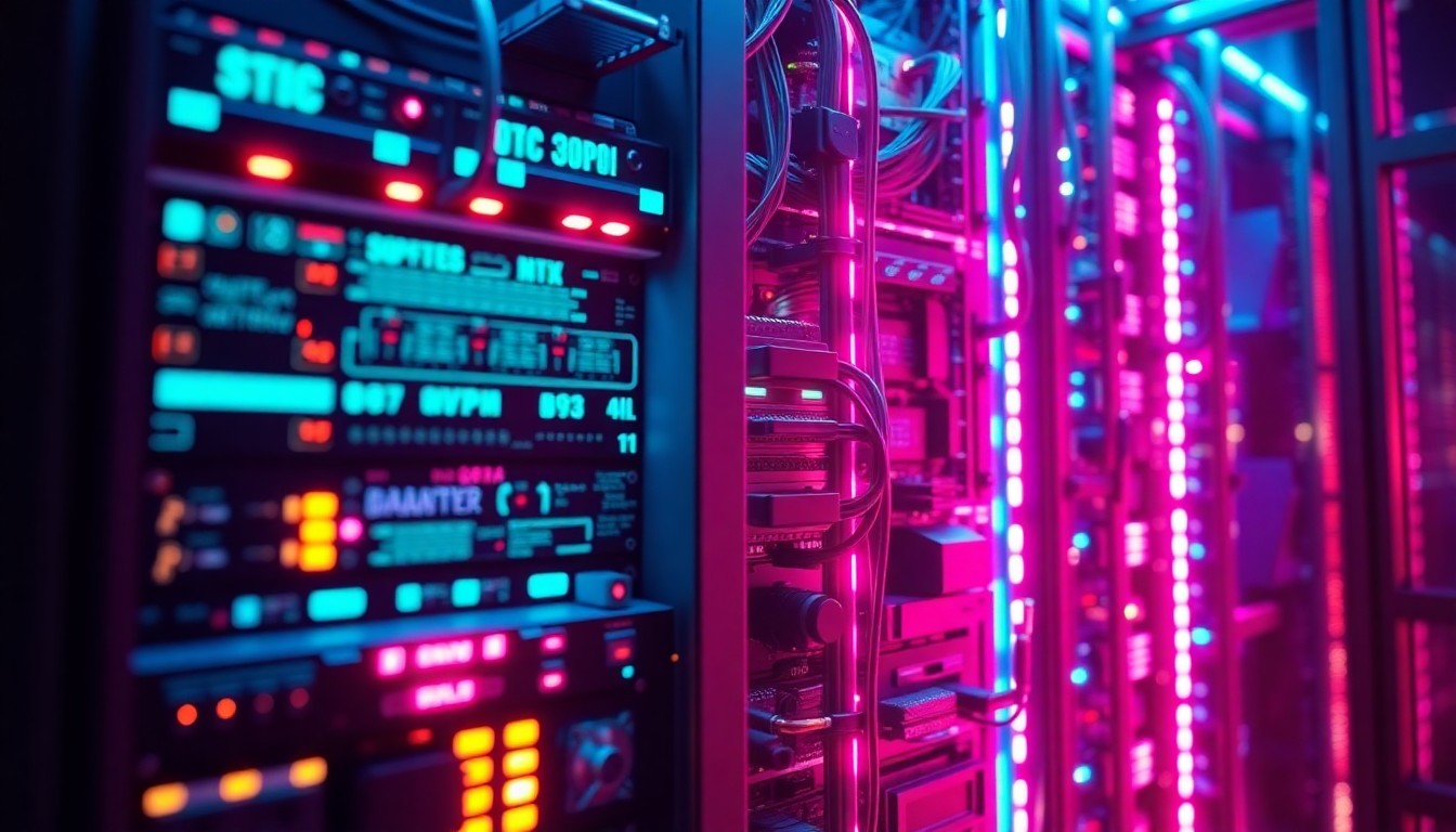 A highly detailed, glowing 3D illustration of a futuristic data center or AI server infrastructure, with intricate digital components illuminated by vibrant neon lights, conceptually representing the advanced technology powering Taboola's DeeperDive AI engine.