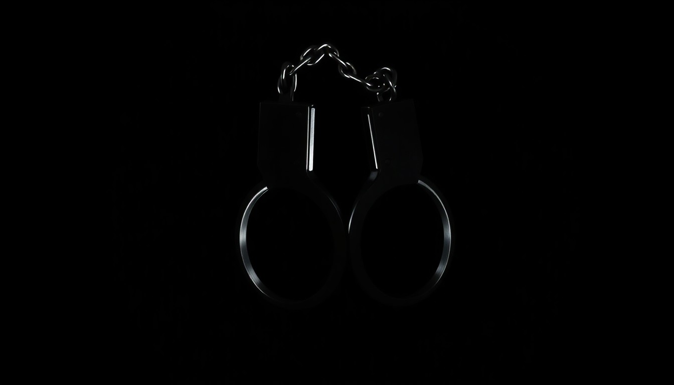 An extreme close-up photograph of a set of handcuffs against a pitch-black background, lit by a harsh, direct camera flash, conceptually representing the arrest of a local pastor on sexual assault charges.