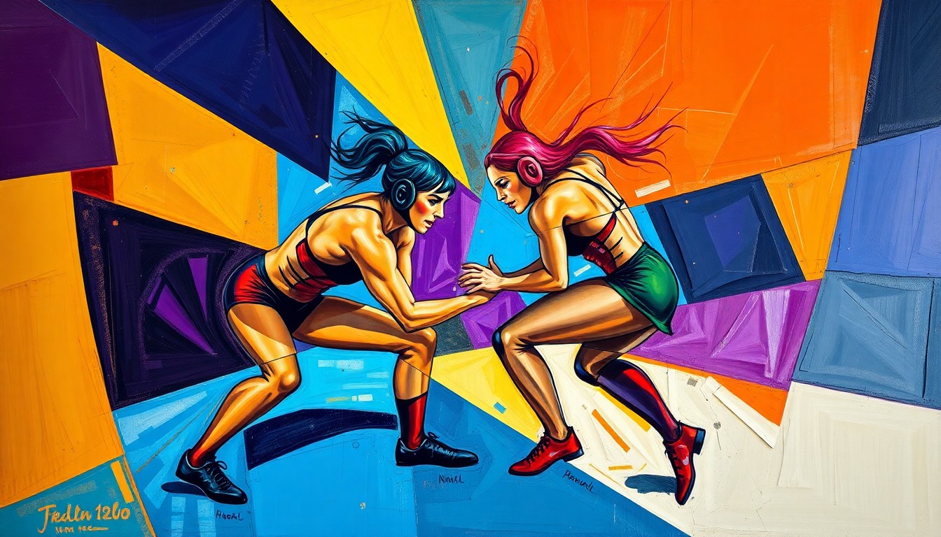 A fractured, multi-perspective painting depicting the dynamic movements and intense energy of a women's wrestling match, with sharp geometric shapes and vibrant colors that capture the competitive spirit of the MLW women's division.