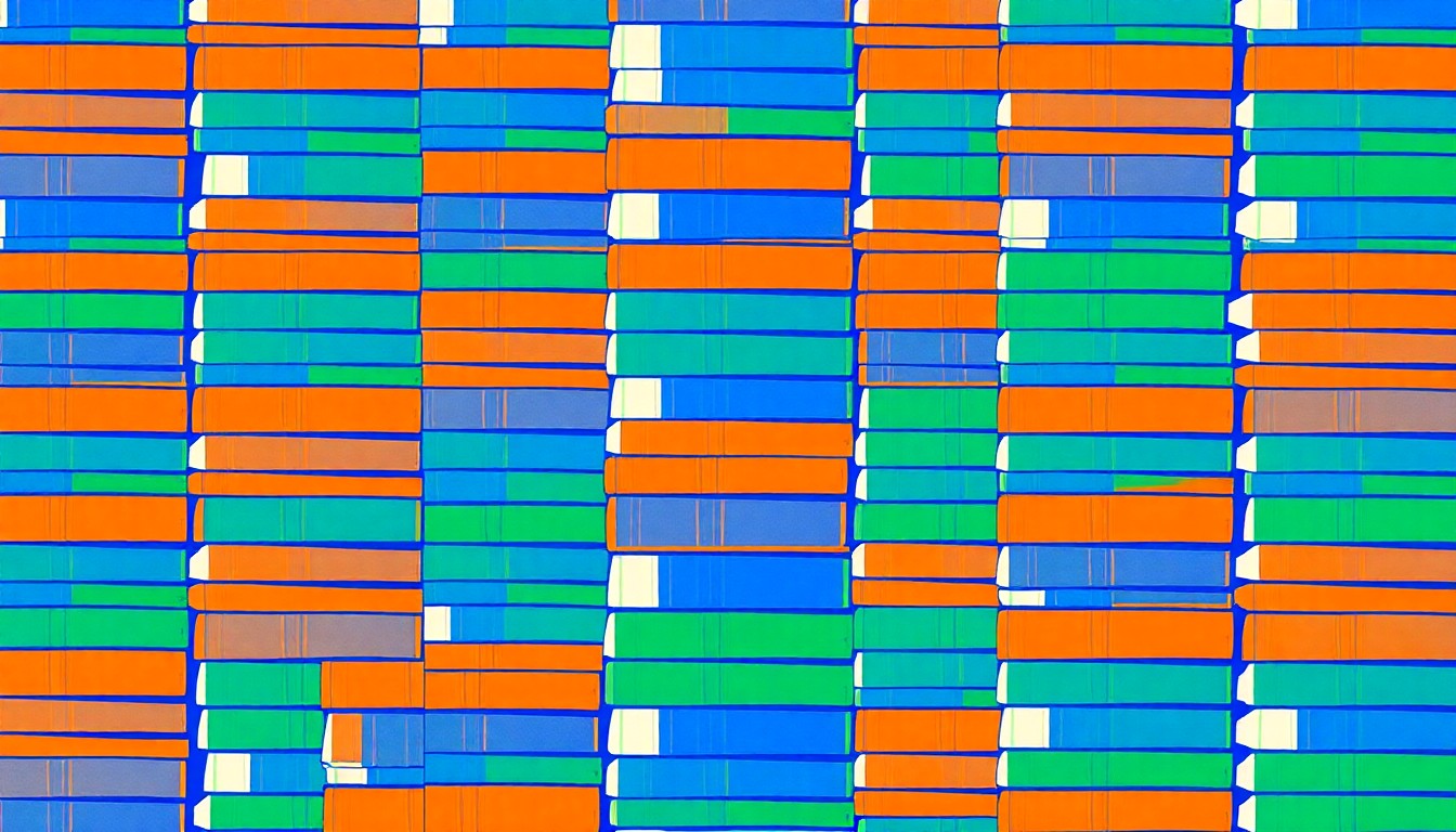 A bold, colorful grid of stylized book stacks in a range of bright, neon-like hues, conveying the creative energy and literary impact of the commencement speaker.