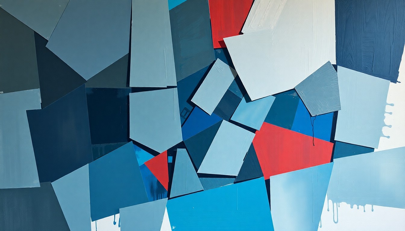 An abstract, fragmented painting with overlapping geometric shapes in shades of blue, grey, and red, conceptually representing the complex issues of fraud and mismanagement in California's state budget.