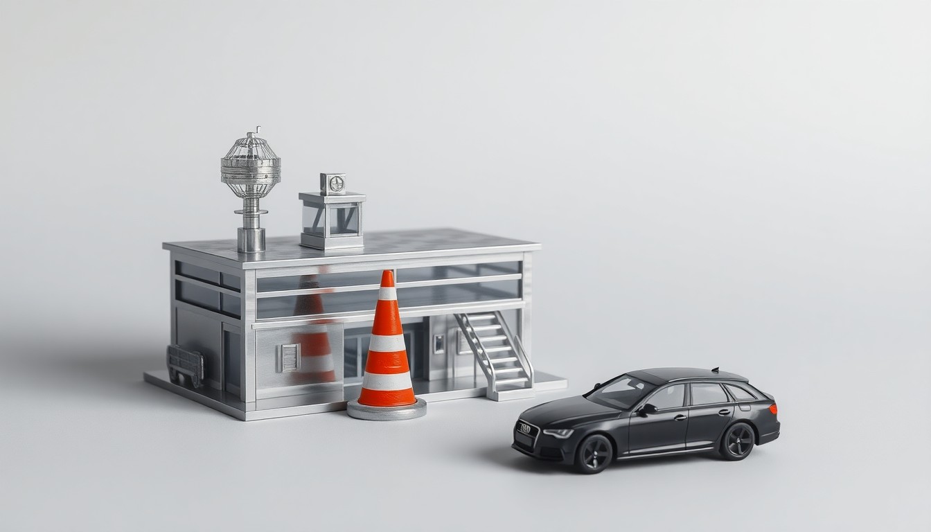 A minimalist studio photograph featuring a polished metal model of an airport terminal, a miniature traffic cone, and a small model of a car, arranged elegantly on a clean, monochromatic background to symbolize the abstract concepts of infrastructure, transportation, and the tensions between communities surrounding the Tweed Airport expansion.