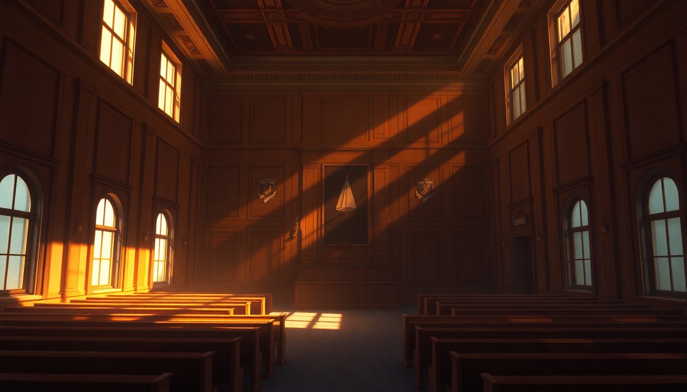 A dimly lit, cinematic painting of an empty city council chamber, with warm sunlight streaming in through the windows and deep shadows cast across the room, conveying a sense of quiet contemplation and unresolved conflict.