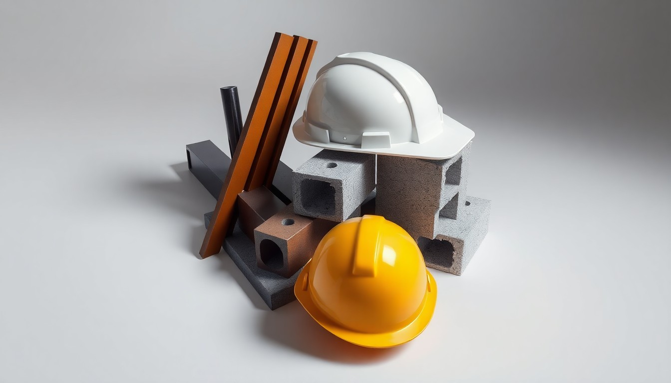 A photorealistic studio still life featuring a collection of premium construction materials and tools arranged elegantly on a clean, monochromatic background, conceptually representing the abstract challenges of infrastructure management.