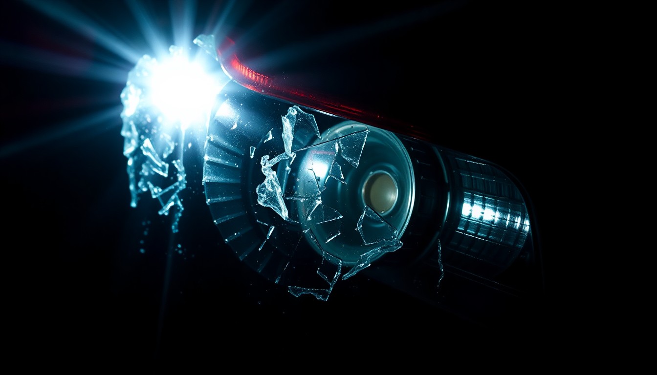 An extreme close-up of a shattered car sensor lens reflecting a faint red light, conceptually illustrating the vandalism of vehicles.