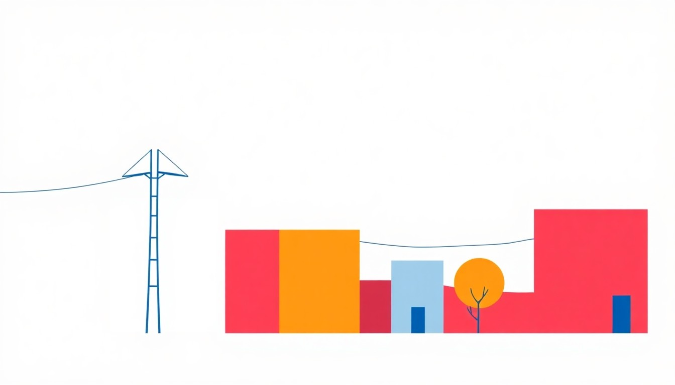 A vibrant abstract illustration using bold geometric shapes and primary colors to conceptually represent the issue of rising utility costs and the need for policy reforms to address affordability.